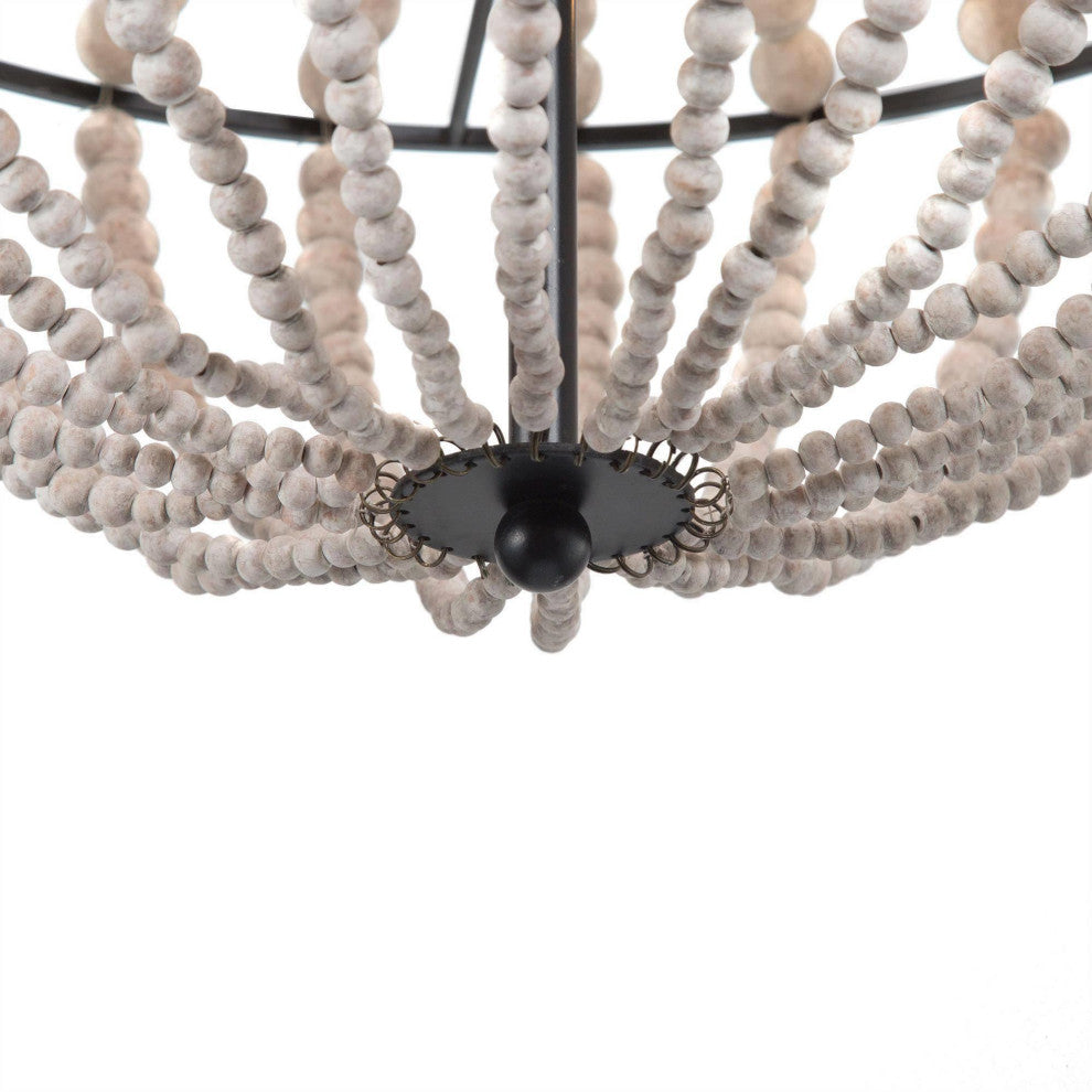 3-Light Distressed White and Matte Black Bohemian/Global Beaded LED Chandelier