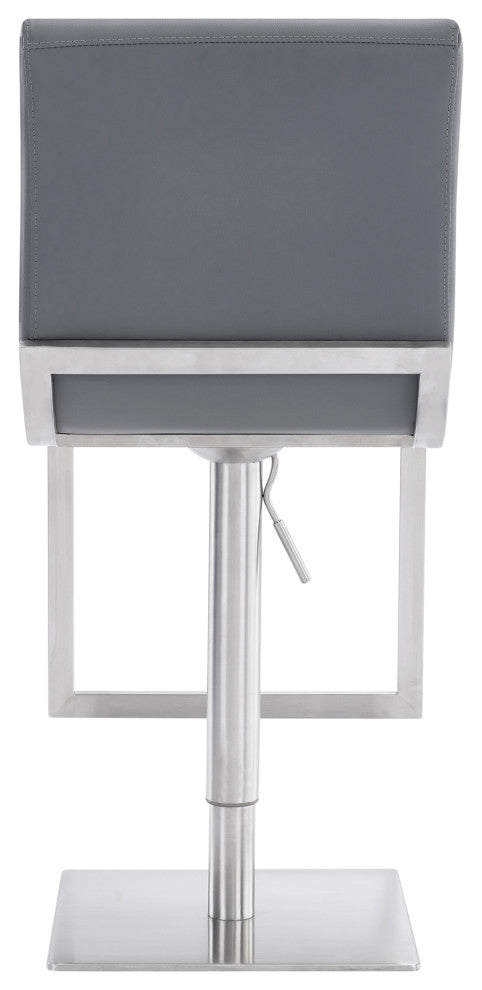 Wezen Swivel Barstool, Gray Faux Leather, Brushed Stainless Steel