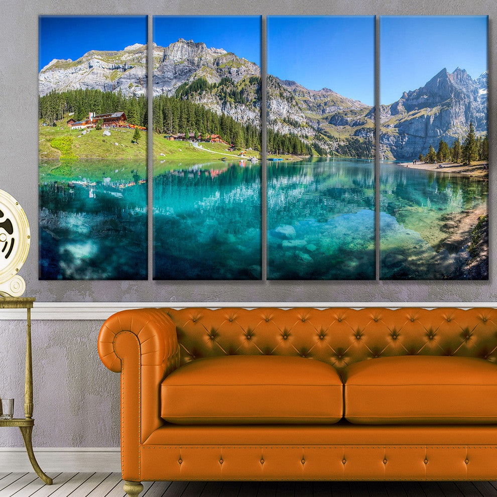 Lake Oeschinen Switzerland, Landscape Canvas Art Print, 48"x28", 4 Panels