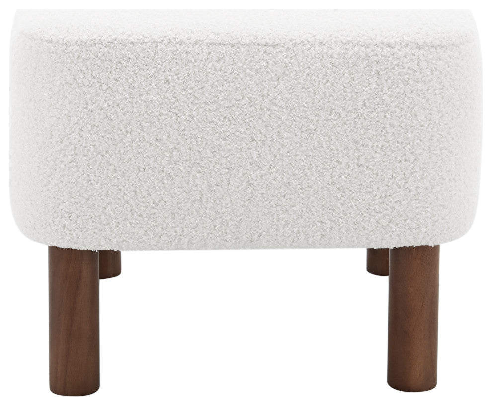 Beatrice Ottoman, White Fabric With Walnut Stained Wood Legs