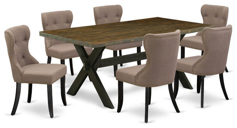X677Si648-7, 7-Piece Dining Set, 6 Chairs, Table Top and Wooden Cross Legs