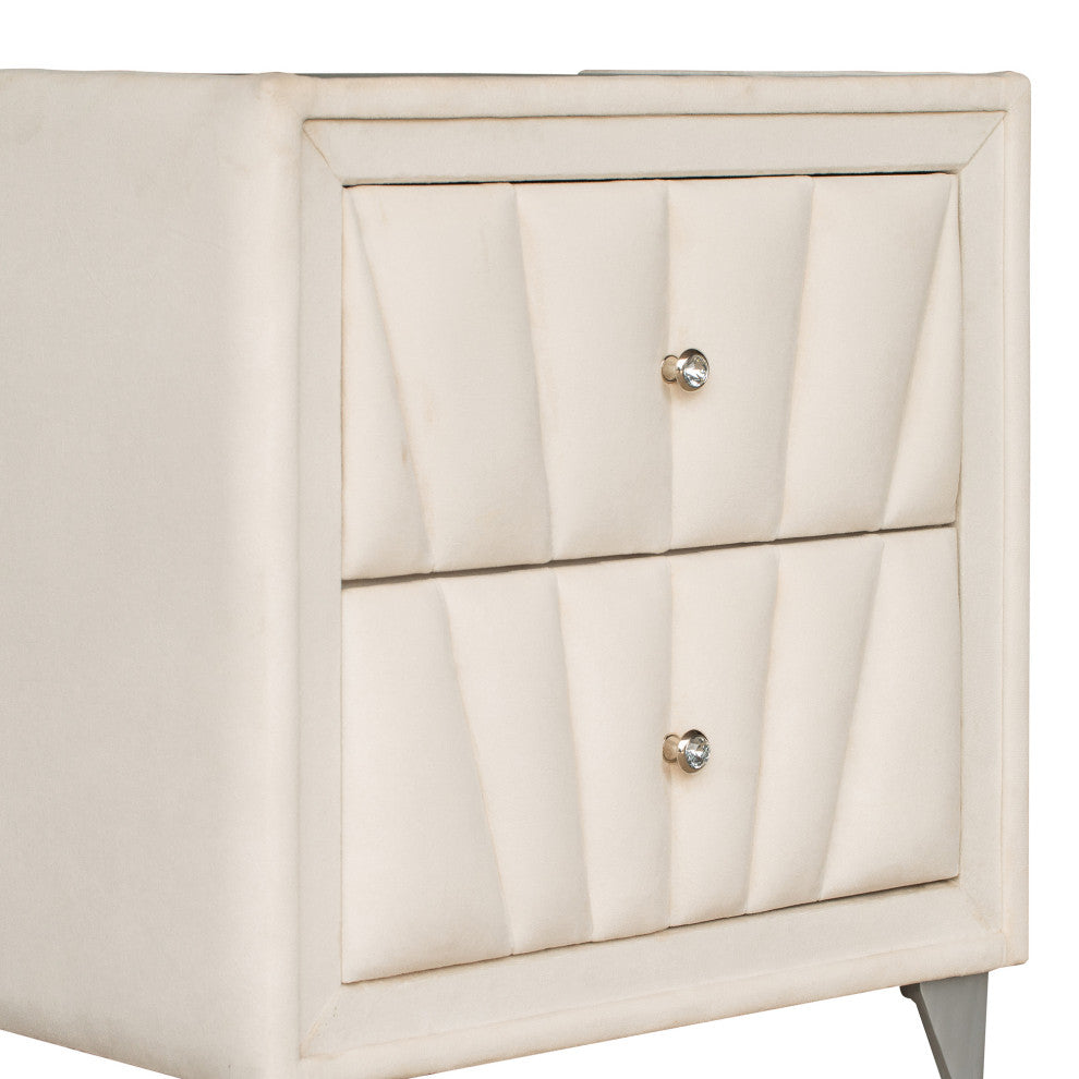 2-Drawer Wood Nightstand with Velvet Fabric and Glass Worktop, Beige