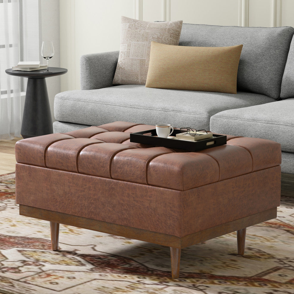 Mariah Coffee Table Storage Ottoman, Distressed Saddle Brown