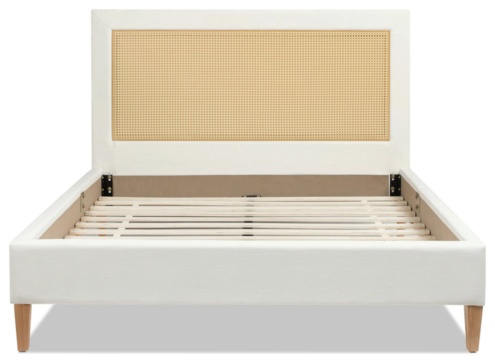 Haley Upholstered Cane-Back Platform Bed, Snow White Polyester, Queen