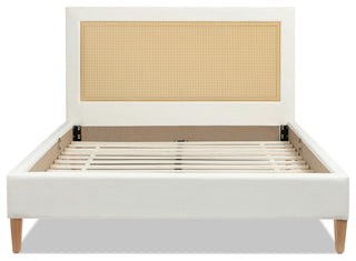 Haley Upholstered Cane-Back Platform Bed, Snow White Polyester, Queen