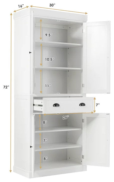 Elegant Pantry Cabinet, Large Doors With Inner Adjustable Shelves, White Finish