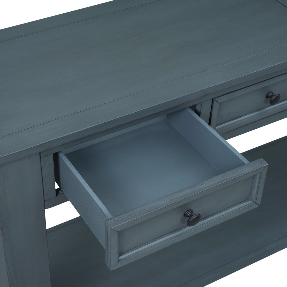TATEUS 63" Console Table Hallway Sofa Table With Storage Drawers Bottom Shelf, Navy