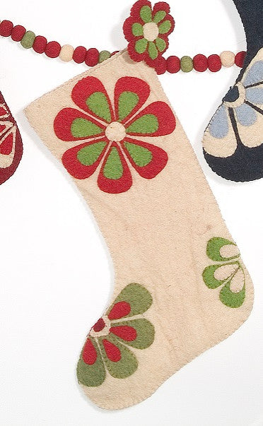 Hand Felted Wool Christmas Stocking Flower Power, Ivory With Red and Green