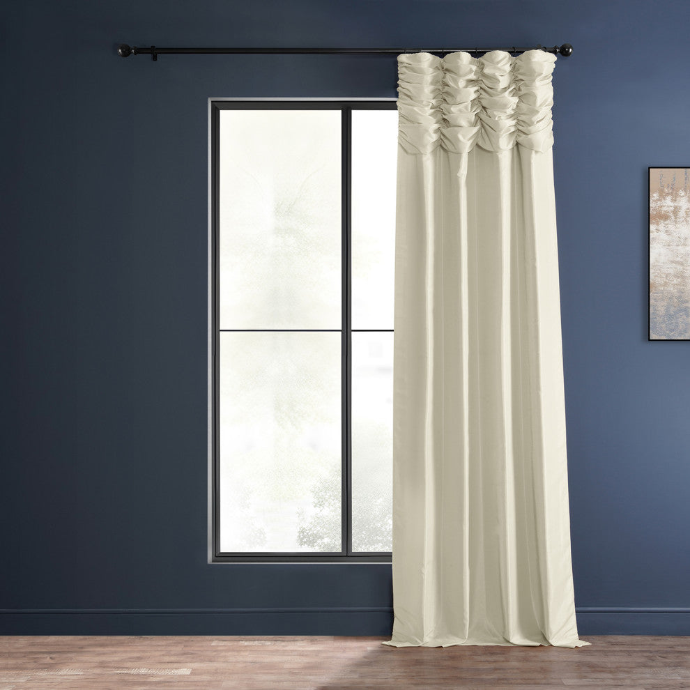 Ruched Vintage Faux Dupioni Silk Curtain Single Panel, Off White, 50" X 96"