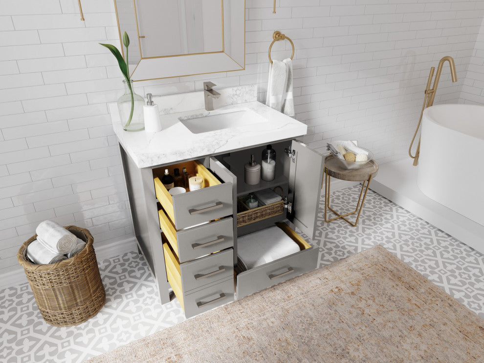 Malibu 36 Right Offset Bath Vanity in Elephant Skin Gray 2" Carrara Quartz
