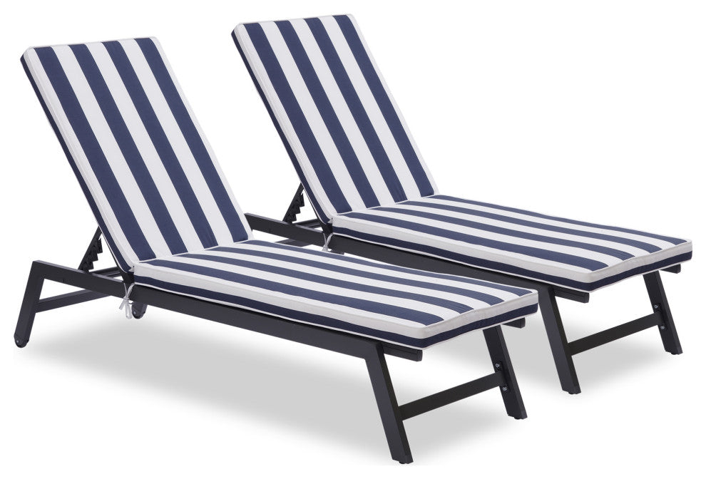 Outdoor Chaise Lounge Chair Set With Cushions, Set of 2, Blue White
