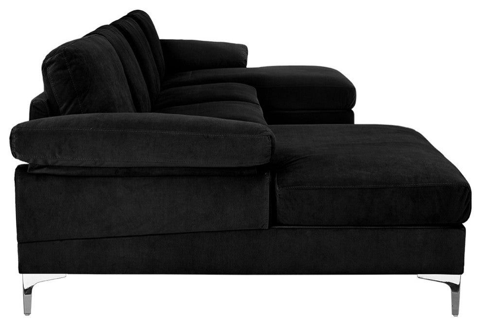 Large Velvet Fabric U-Shape Sectional Sofa, Black