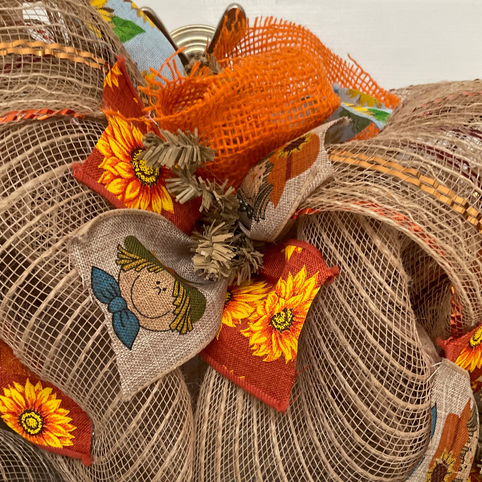 Hello Autumn Blue Check Scarecrow Halloween or Harvest Wreath Handmade Deco Mesh