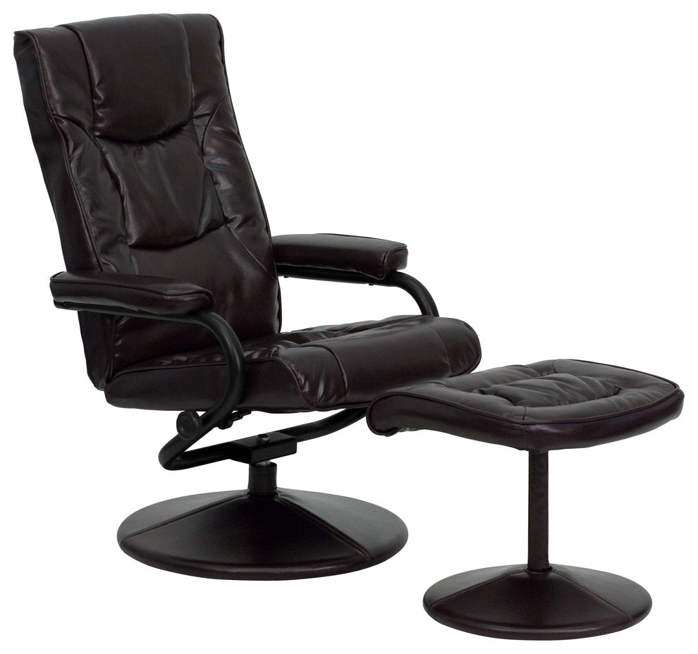 Multi-Position Recliner and Ottoman with Wrapped Base in Brown LeatherSoft