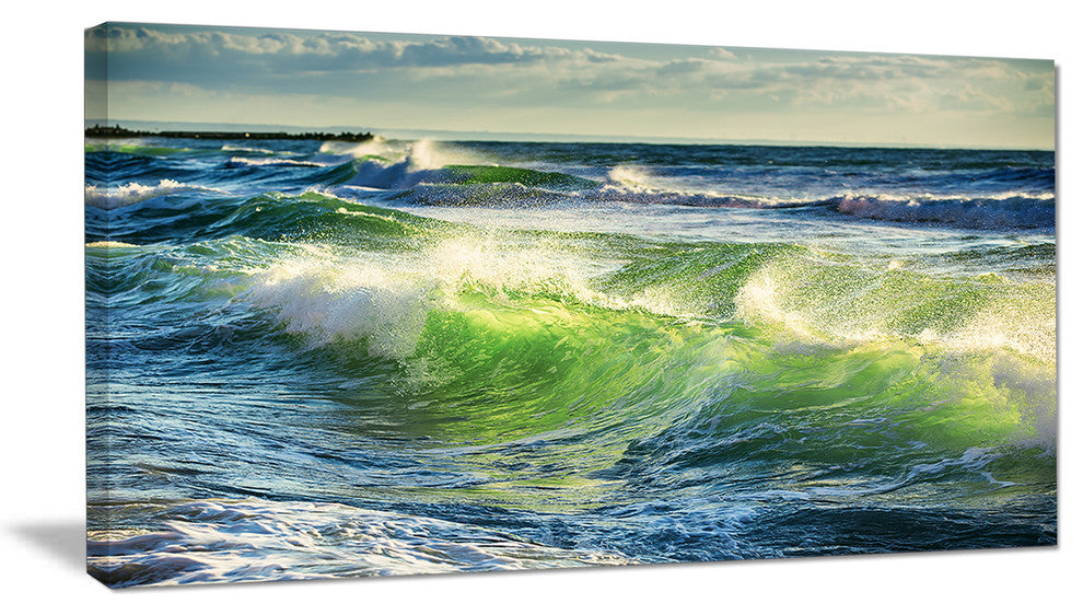 "Sunrise and Shining Waves in Ocean" Beach Canvas Wall Art, 1 Panel, 60"x28"