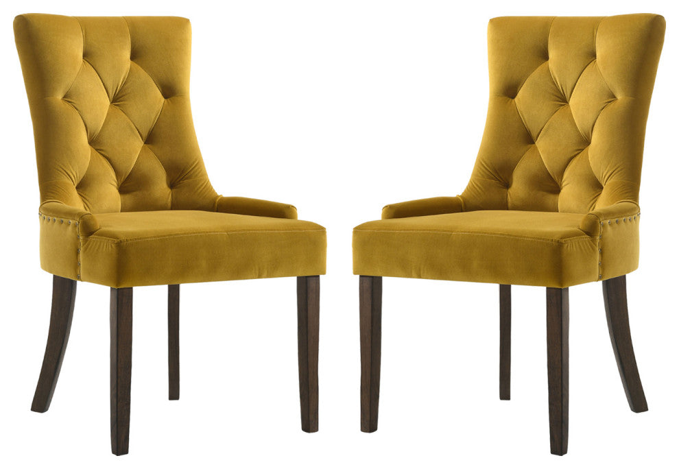 Set of 2 Yellow Velvet Side Chair, Espresso Finish