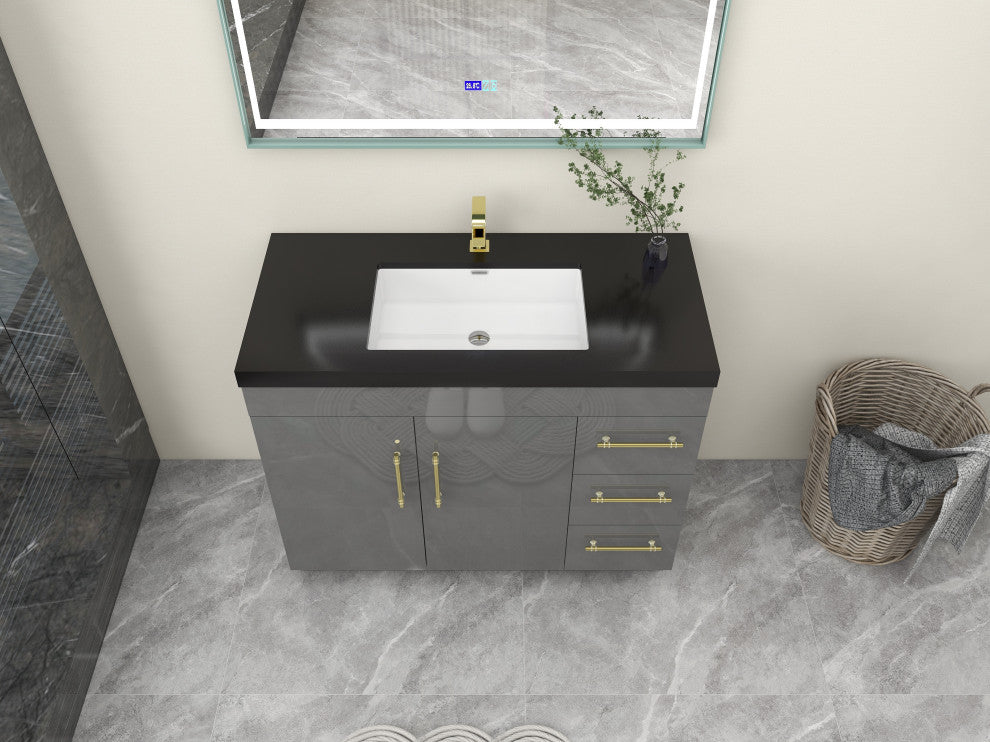 Rosa 42" Free Standing Modern Vanity, High Gloss Gray, Matt Black Top