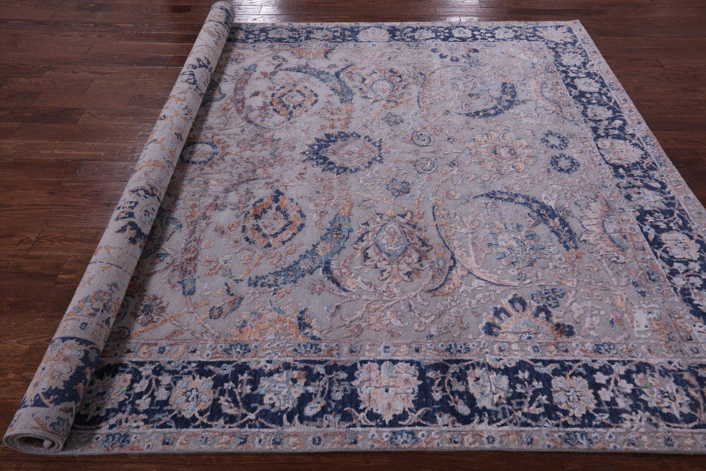 8' 0" X 10' 1" Persian Sickle Leaf Design Hand Knotted Wool and Silk Rug Q7095