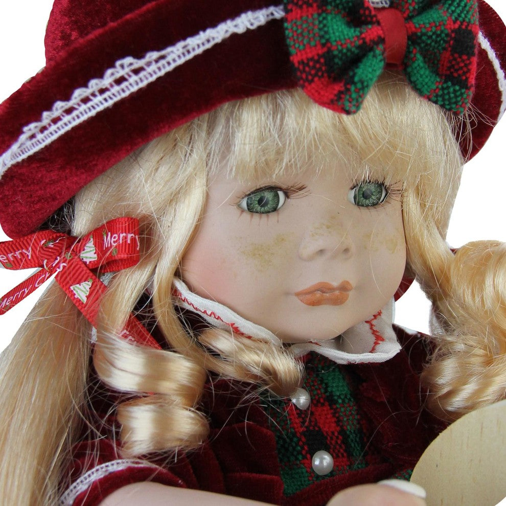17.5" Porcelain "Jamie" on Wooden Rocking Horse Collectible Christmas Doll