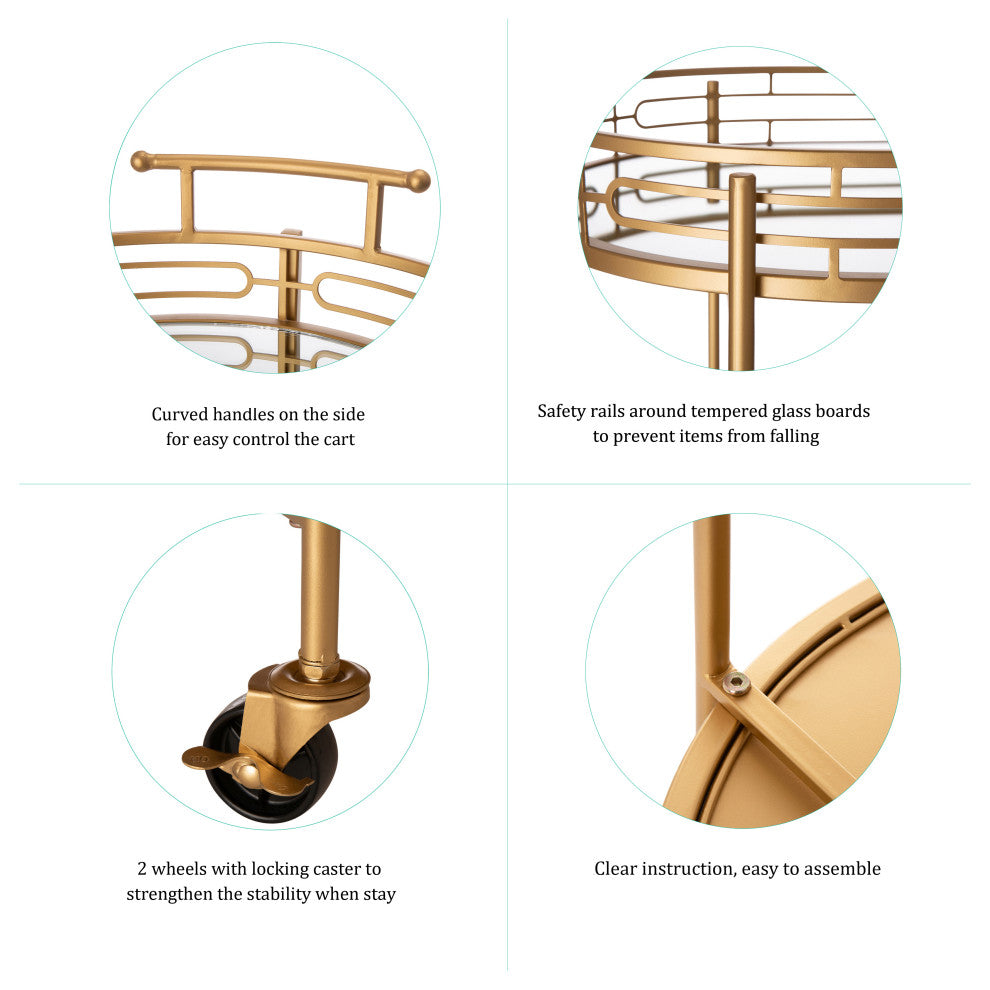 27.00"H Deluxe Metal Mirrored Bar Cart, Golden, Round