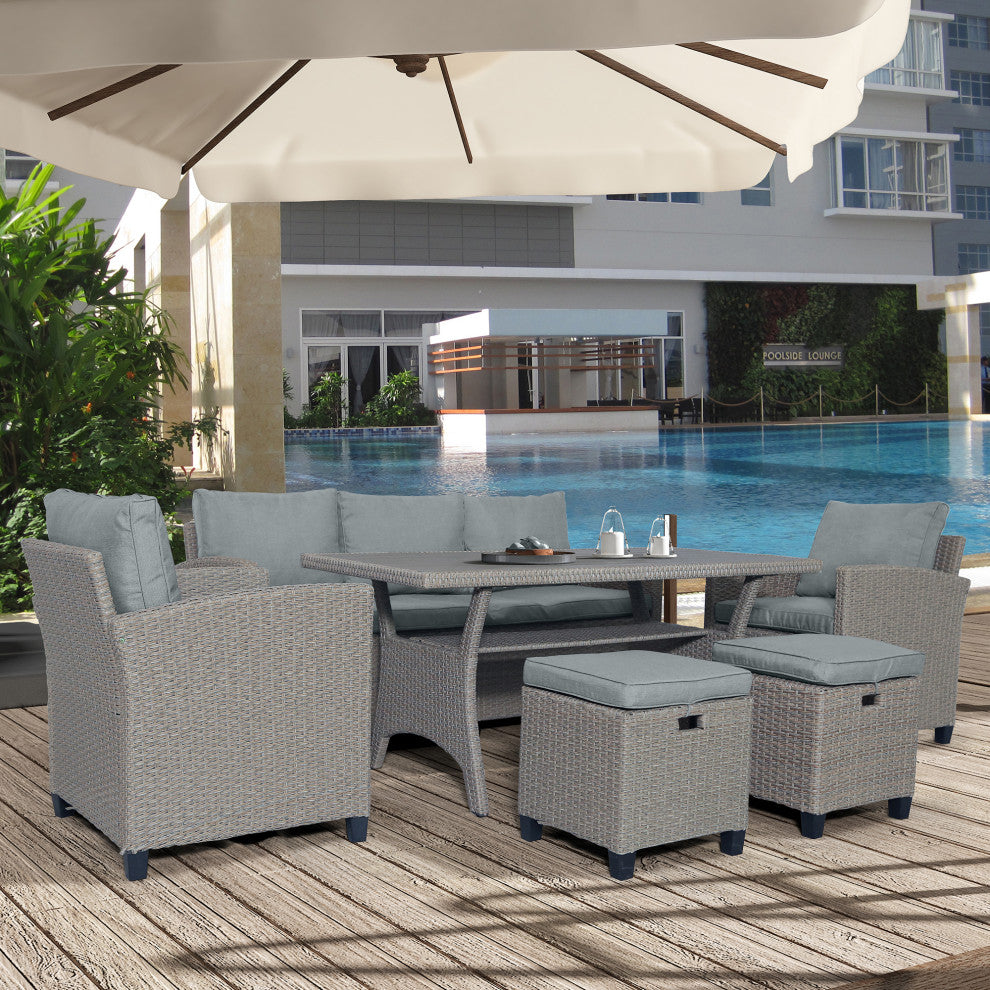 6 Pieces Outdoor Rattan Patio Sectional Sofa Set With Cushions, Gray