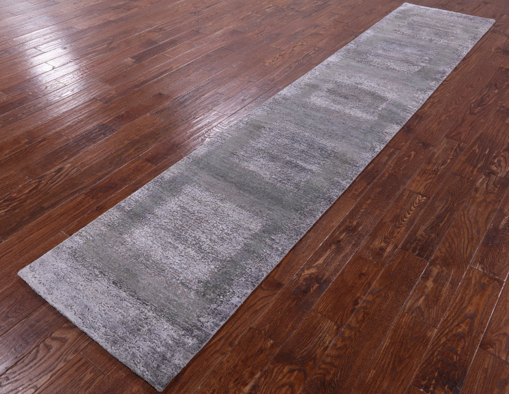 Runner Wool and Silk Abstract Hand Knotted Rug 2' 4" X 12' 1" Q9072