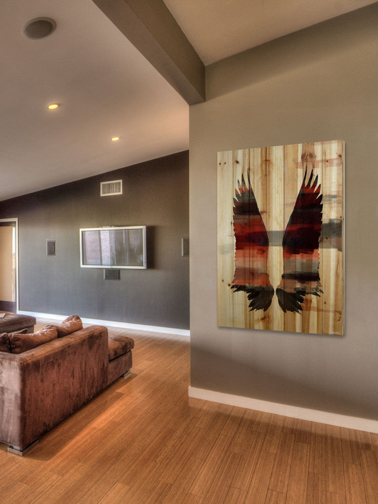 "Red Wings" Print on Natural Pine Wood, 24"x36"