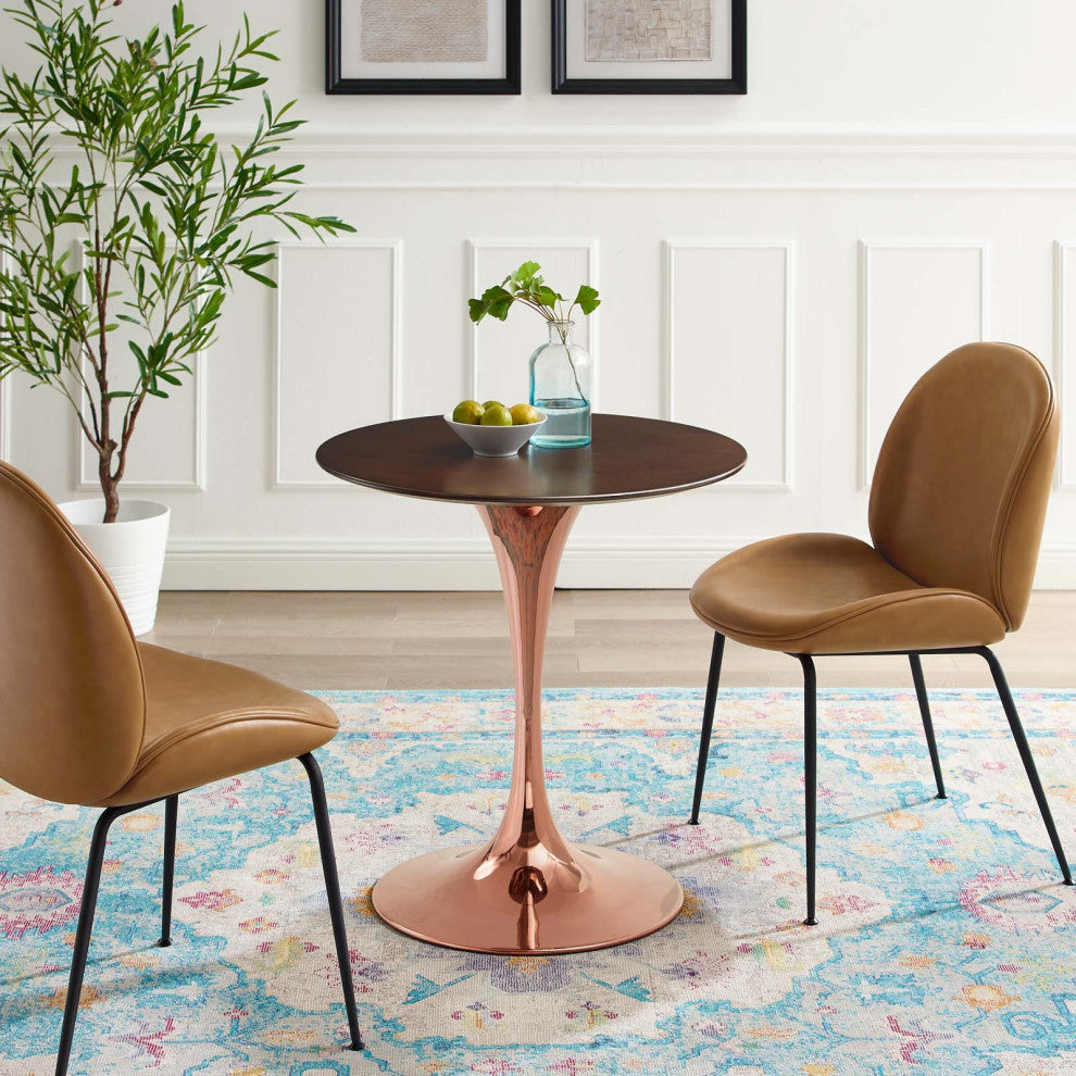 Dining Table, Round, Wood, Rose Gold Dark Brown Brown Walnut, Modern, Bistro