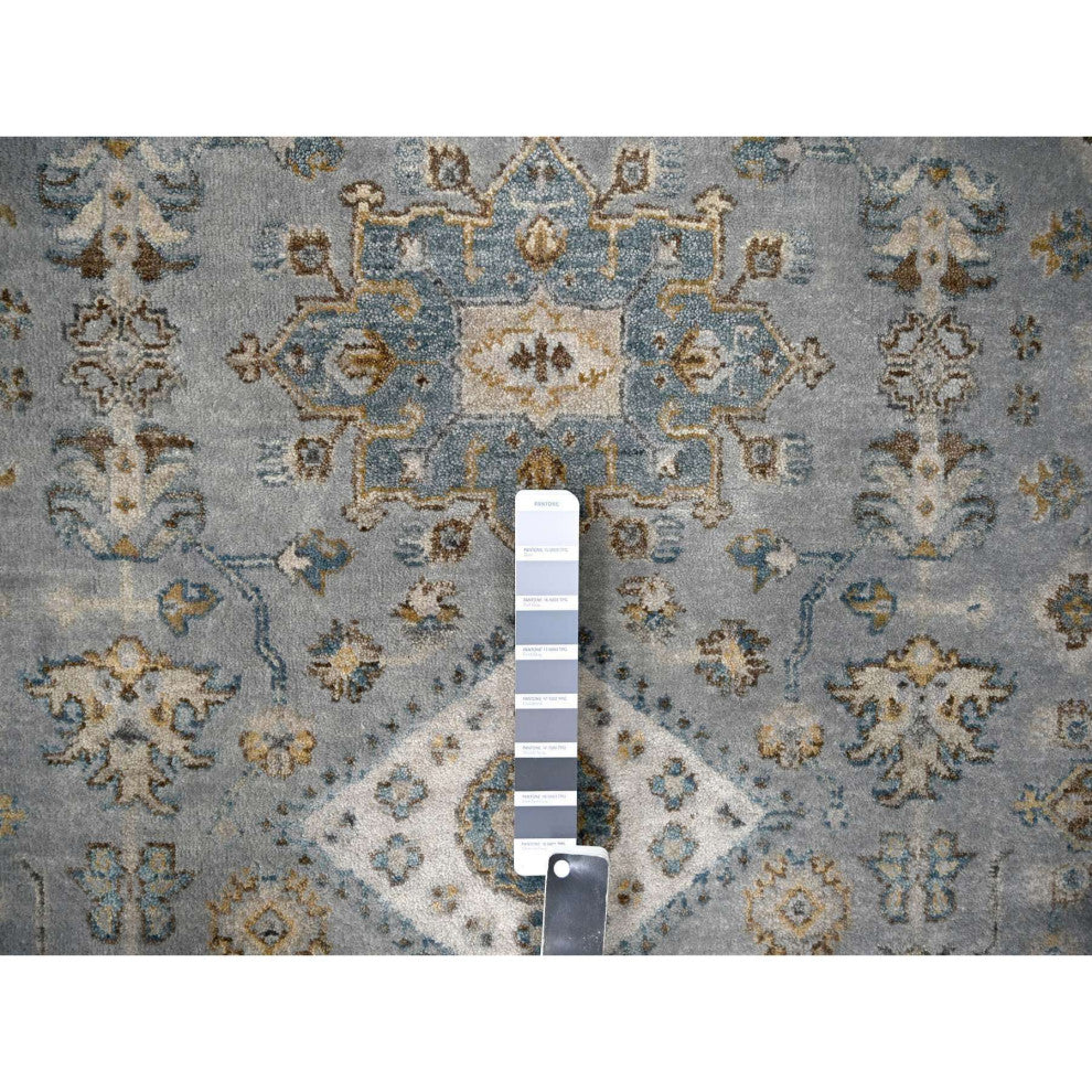 Lavender Gray Hand Knotted Karajeh Geometric Medallion Wool Round Rug 6'2"x6'2"