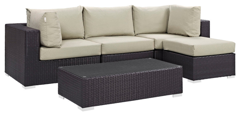Convene 5 Piece Outdoor Patio Sectional Set, Espresso Beige