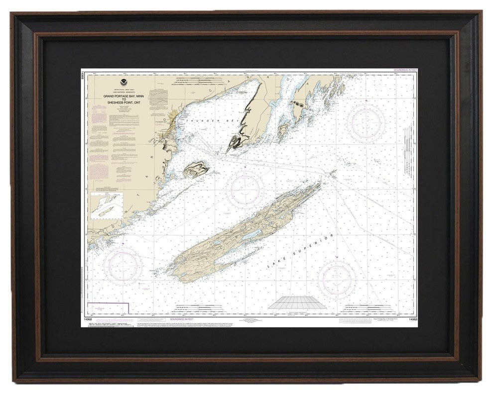 Framed Nautical Chart, Grand Portage Bay, Minn. to Shesbeeb Point, Ont., 24x18
