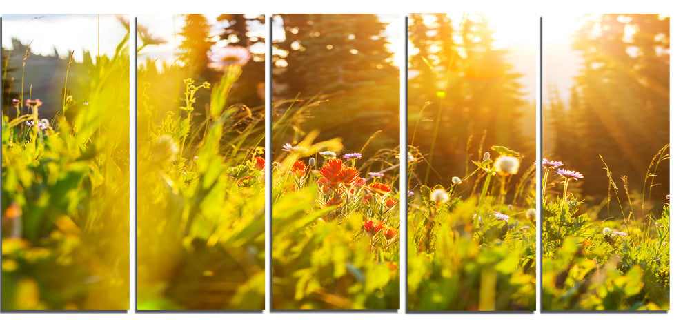 Green Meadow with Summer Flowers, Flower Canvas Wall Art, 60"x28", 5 Panels