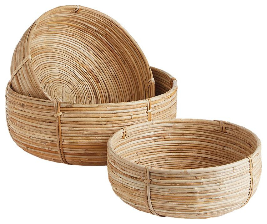 Set of 3 Natural Cane Rattan Decorative Bowl Low Baskets Round Nesting Coiled