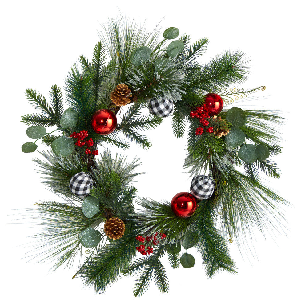 W1270 24 Berry and Pinecone Artificial Christmas Wreath With Ornaments