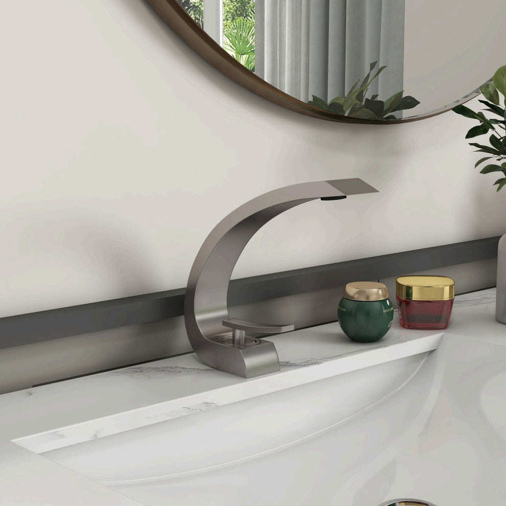 Single Hole 1-Handle Bathroom Sink Faucet Curved Spout with Pop Up Drain, Brushed Nickel