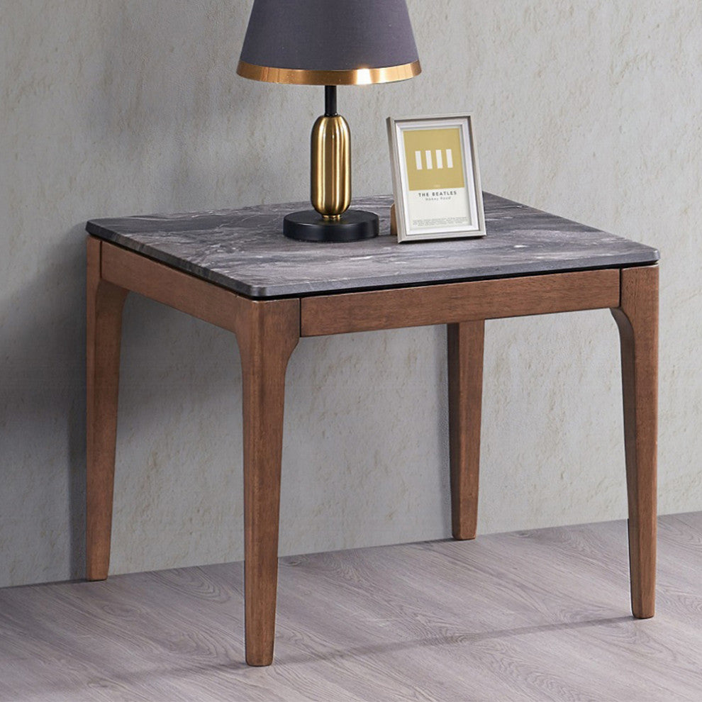 Engineering Marble Grain End Table With Wooden Legs, Walnut