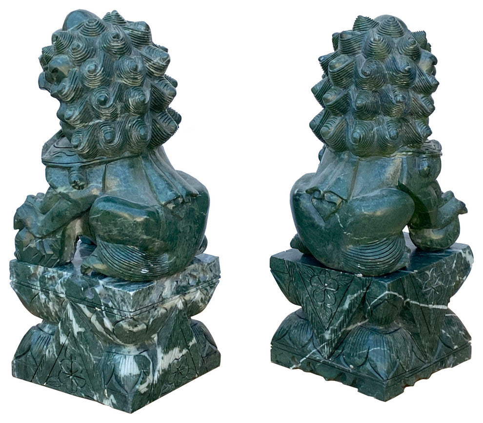Pair Chinese Green Stone Fengshui Fortune Foo Dog Lion Display Figures Hws1642