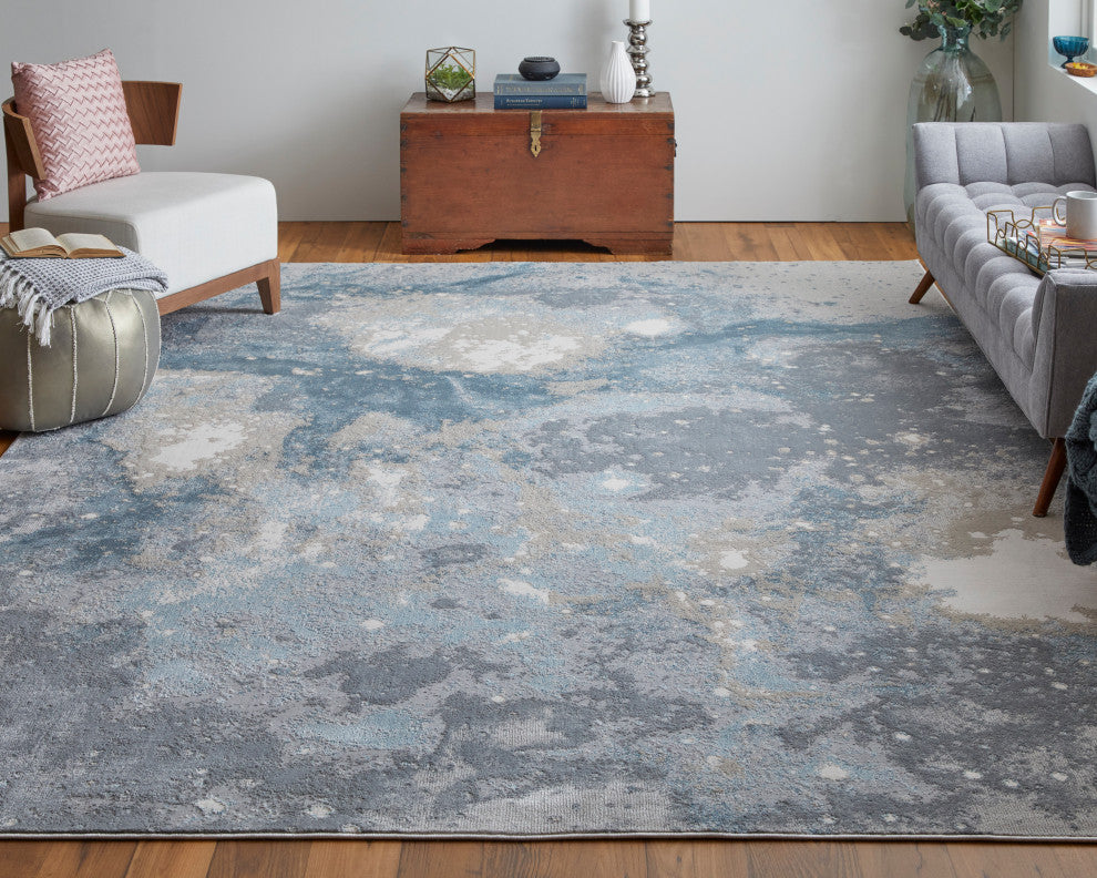 Oria Industrial Abstract Area Rug, Blue/Gray/Ivory, 10'x13'2"