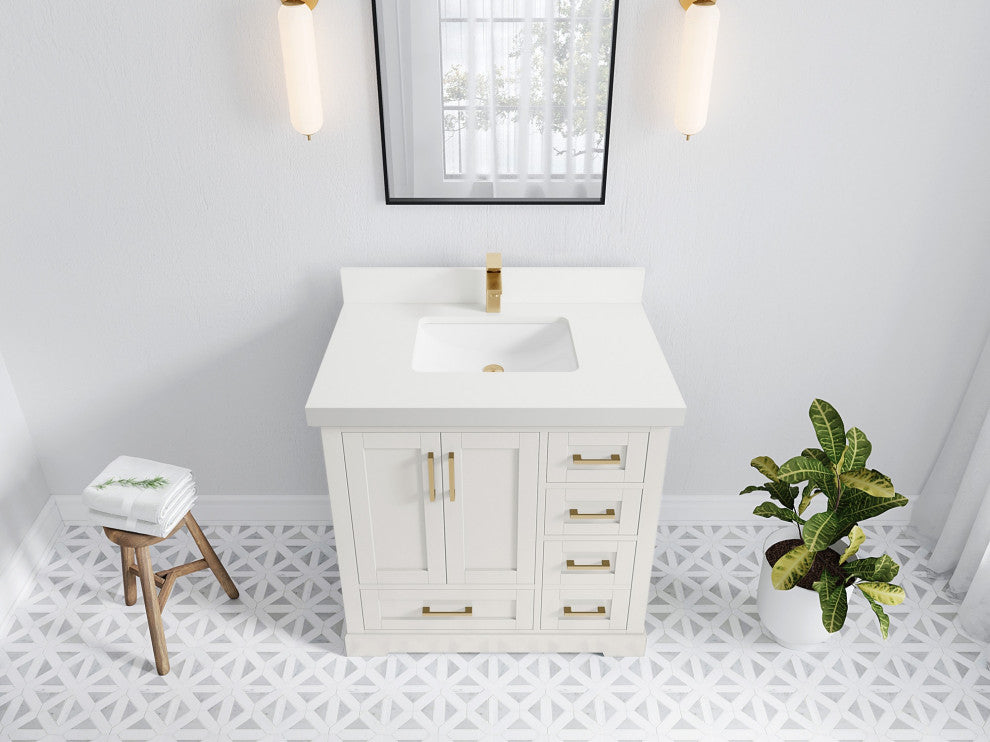Boston 36" Center Sink Bath Vanity in Alabaster 2" White Quartz