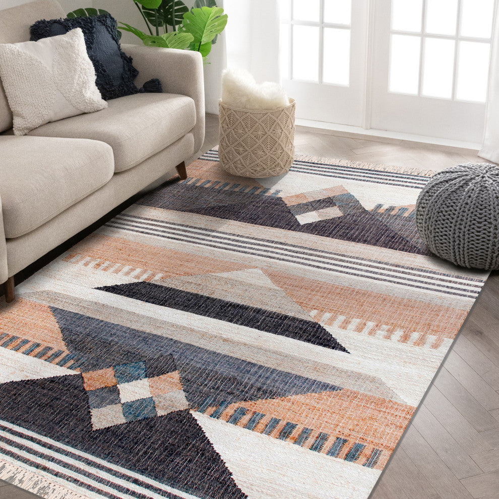 Elevated Geometric Handwoven Jute and Cotton Dhurrie Area Rug, 2' X 3'