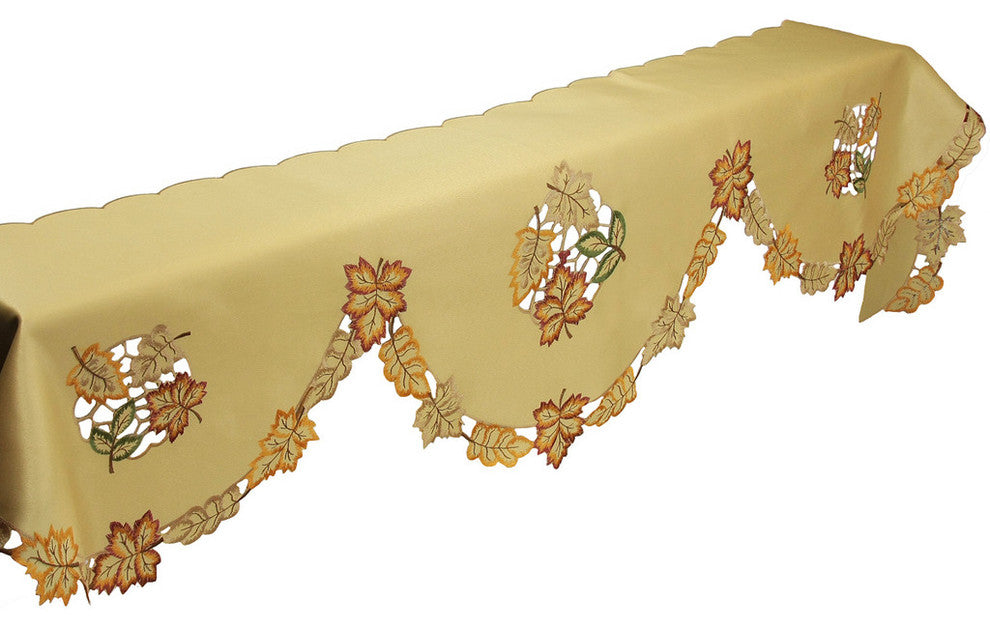 Bountiful Leaf Embroidered Cutwork Fall Mantel Scarf, 82"x60"x20"