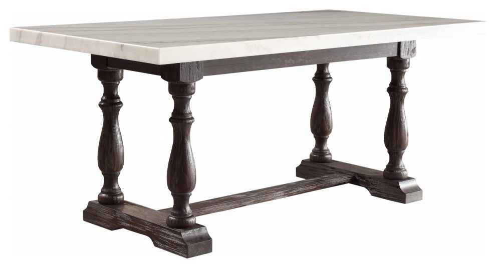 38" White and Gray Marble and Solid Wood Dining Table