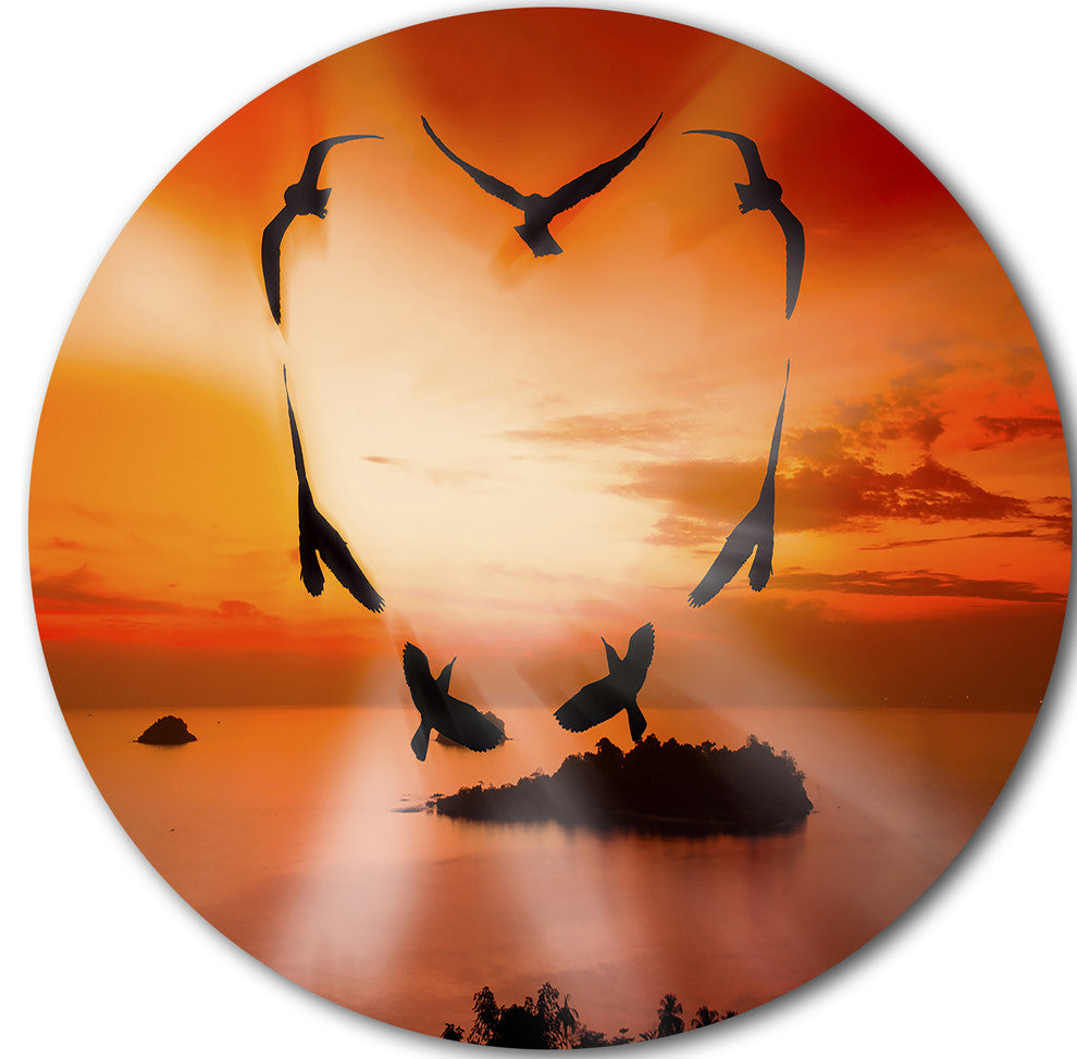 Crow Heart At Sunset, Digital Art Round Metal Wall Art, 11"