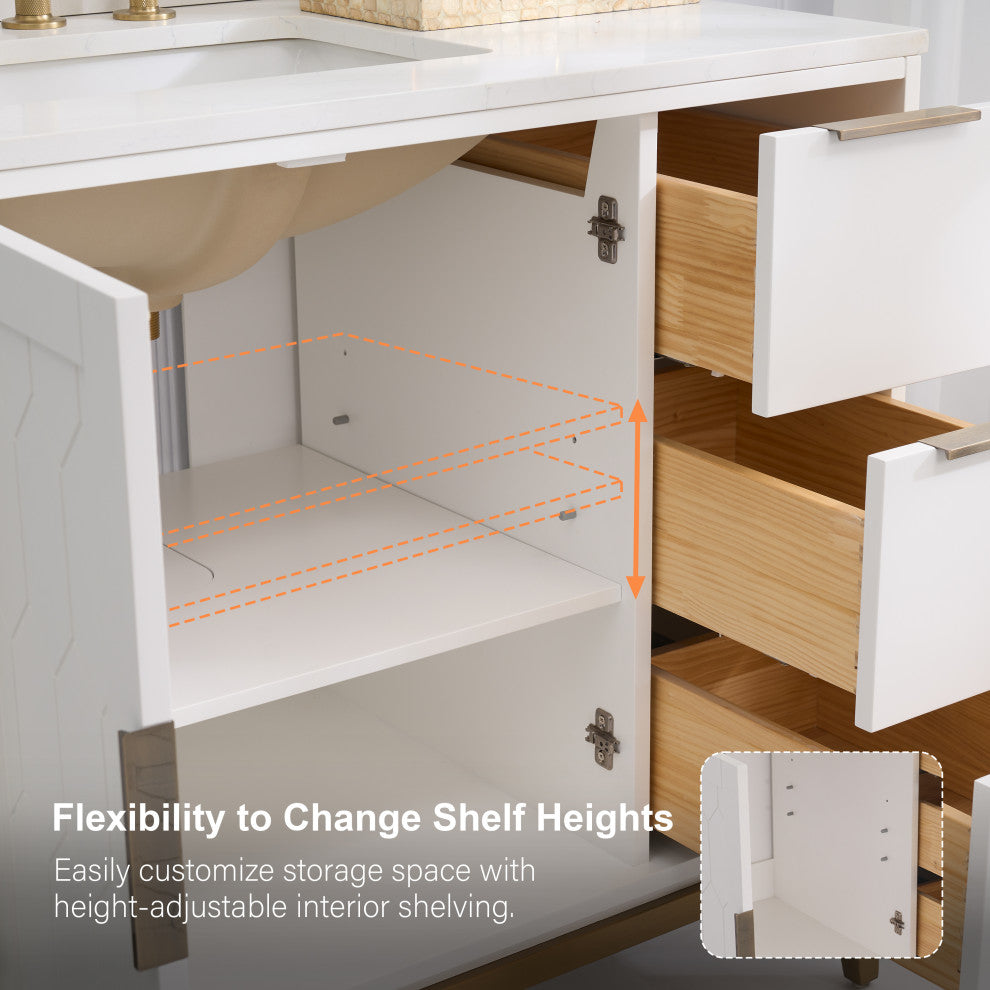 Alison Freestanding Bathroom Vanity with Italian Carrara White Marble Top, White, 36"