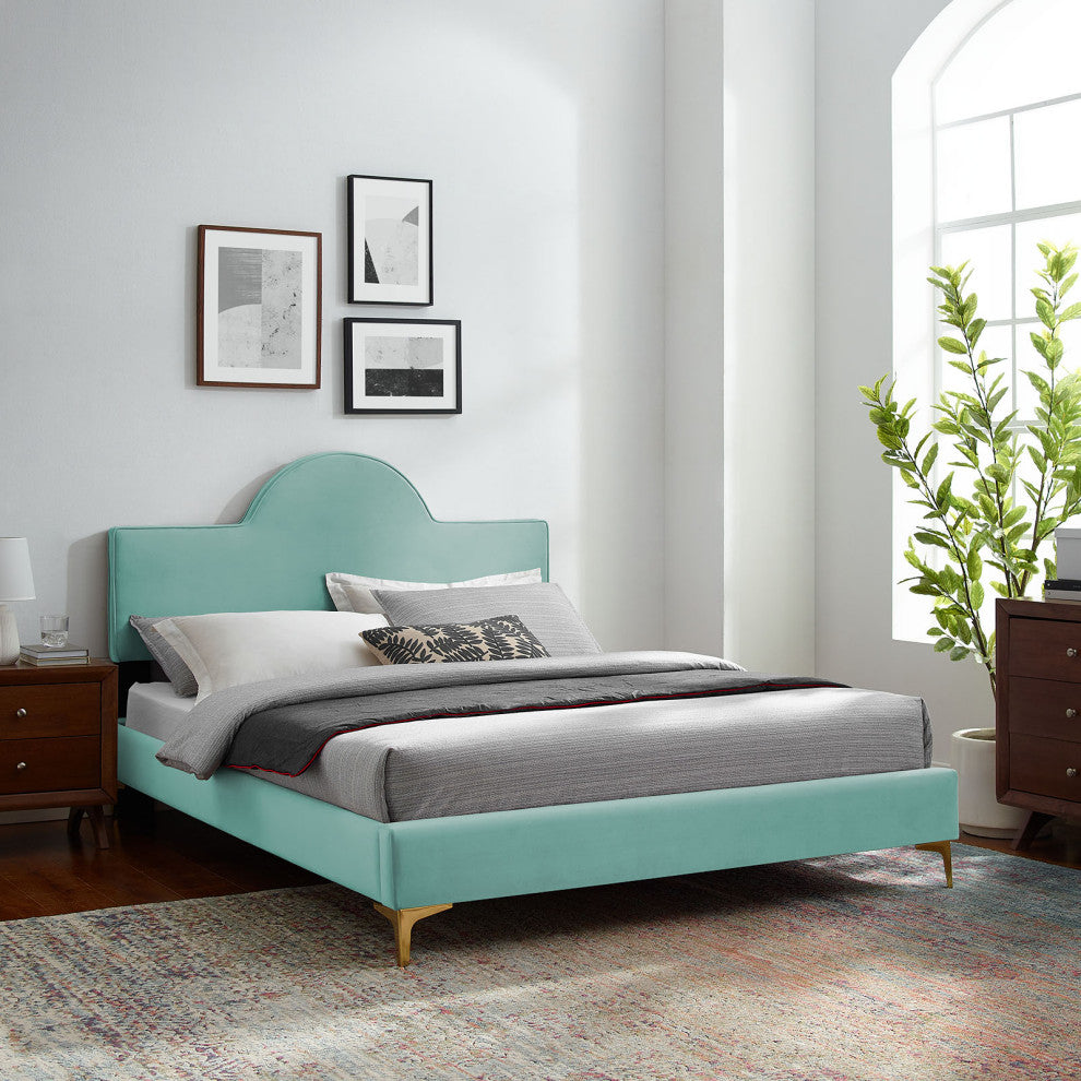 Platform Bed Frame, Queen Size, Blue, Velvet, Modern, Bedroom Guest Suite