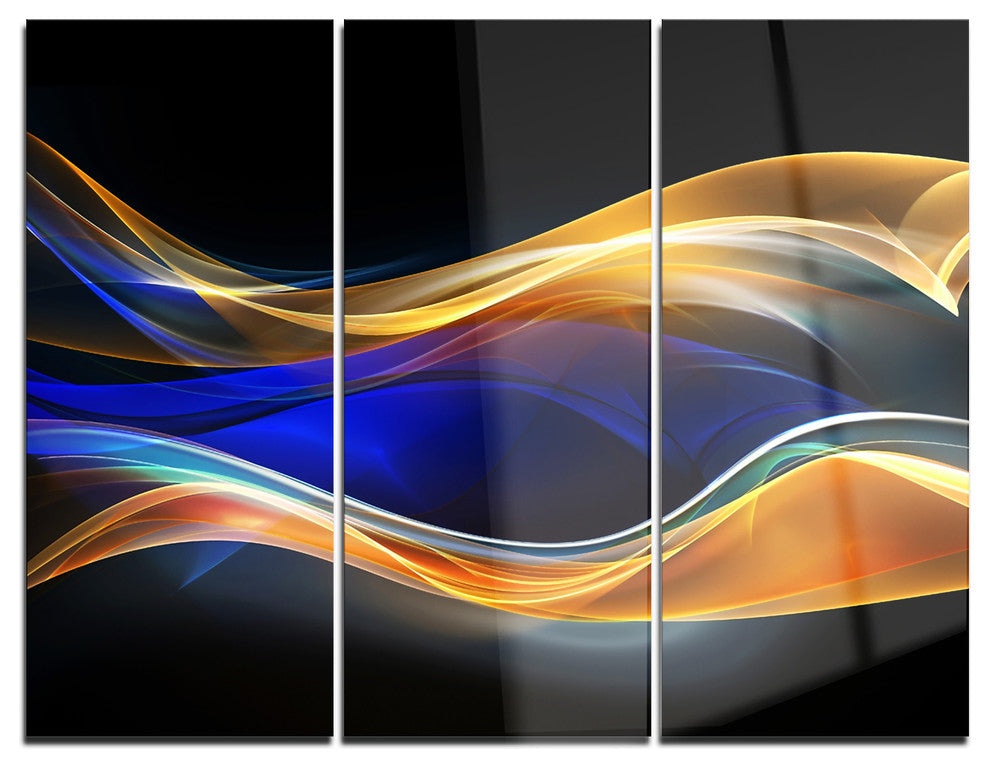 "3-D Gold Blue Wave Design" Digital Metal Wall Art, 3 Panels, 36"x28"