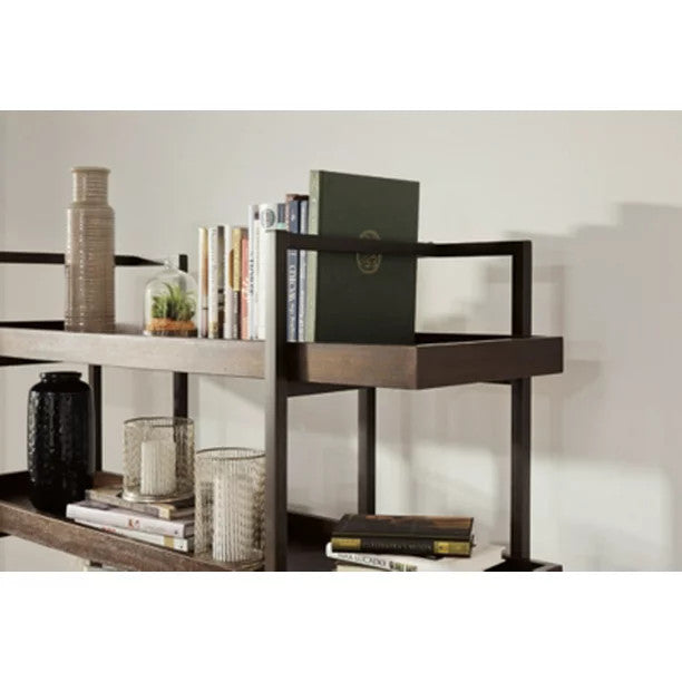 Industrial Bookcase, Black Metal Frame With Rectangular Open Shelves, Brown