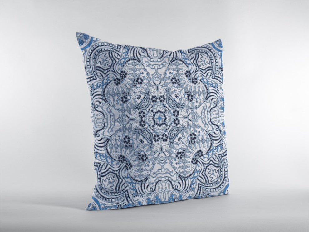 16" Light Blue Boho Ornate Zippered Suede Throw Pillow