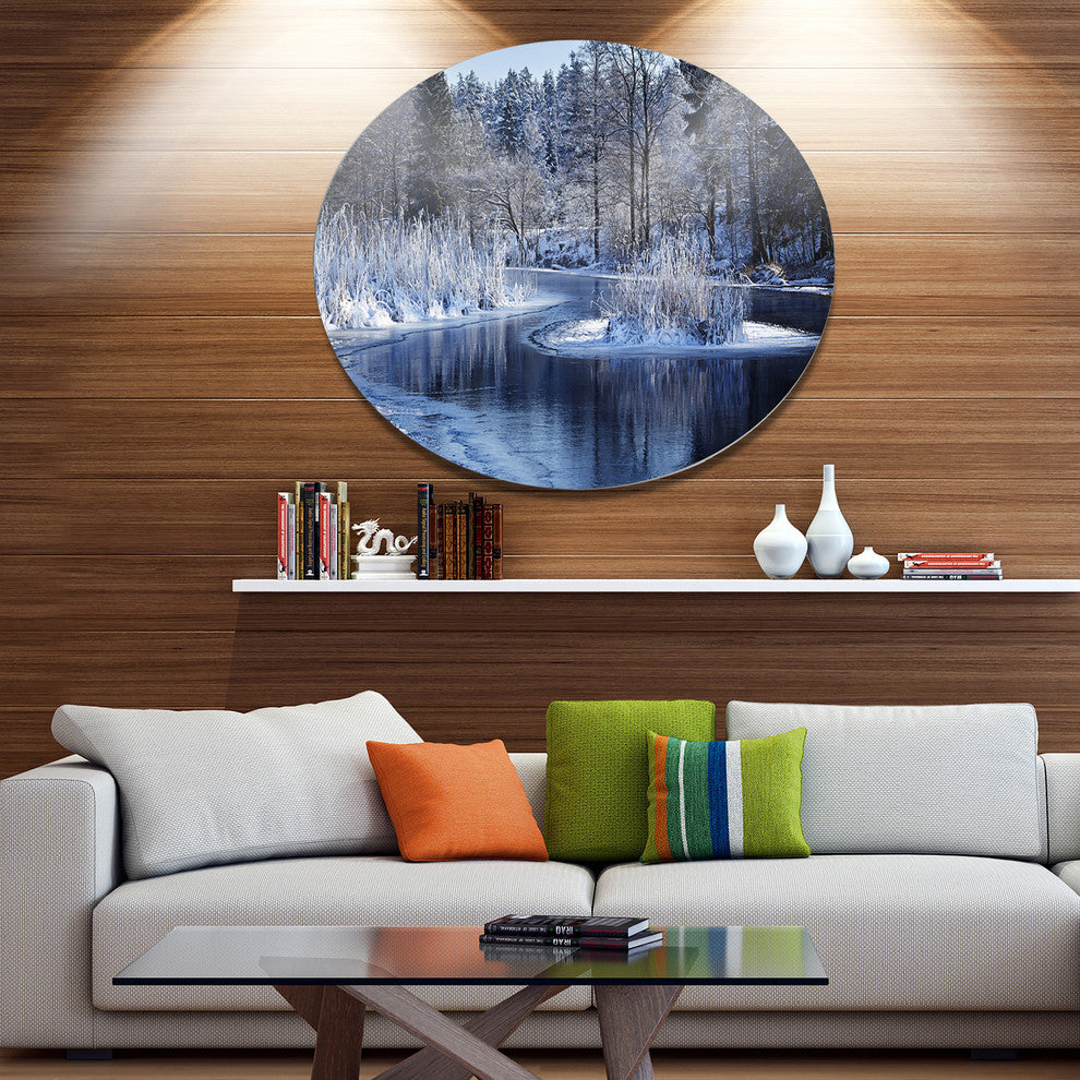 Winter Lake In Deep Forest, Landscape Disc Metal Wall Art, 36"