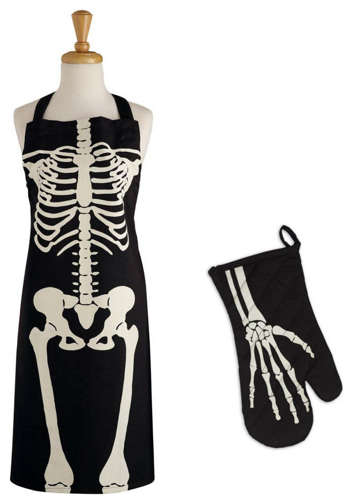 Skeleton Print Apron & Oven Mitt Kitchen Set